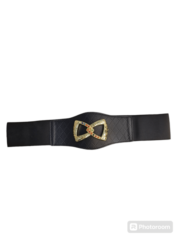 Close-up of the Ladies Black Belt by Minimart showing the sleek black leather and polished metal buckle."