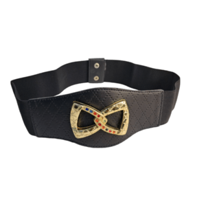 Close-up of the Ladies Black Belt by Minimart showing the sleek black leather and polished metal buckle.