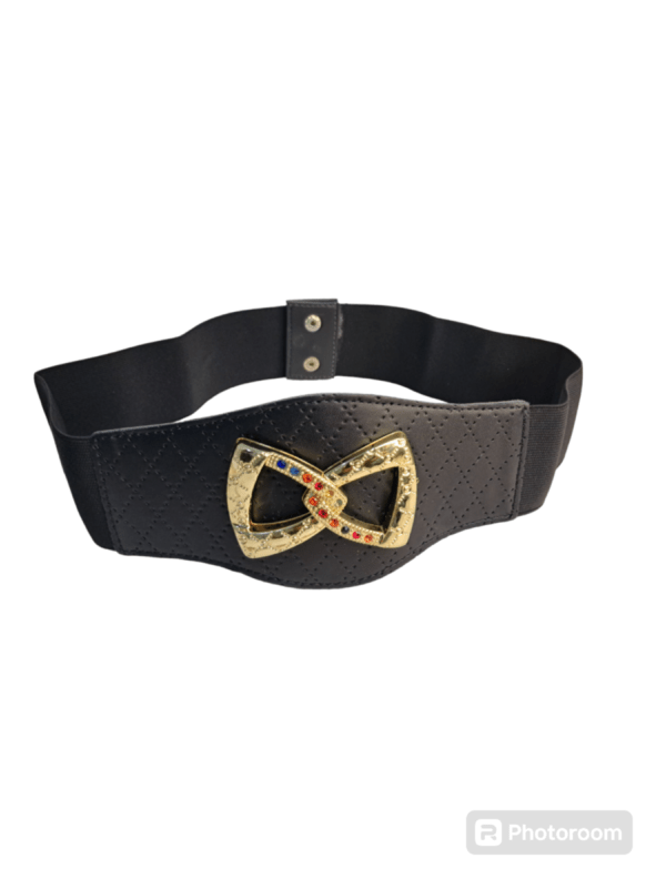 Close-up of the Ladies Black Belt by Minimart showing the sleek black leather and polished metal buckle."