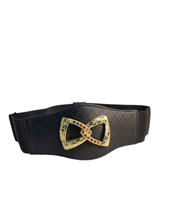 Close-up of the Ladies Black Belt by Minimart showing the sleek black leather and polished metal buckle."