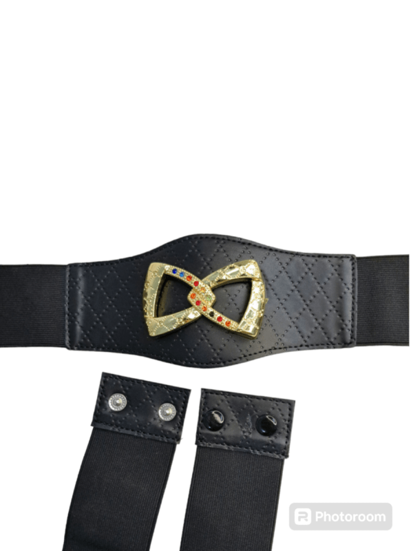 Close-up of the Ladies Black Belt by Minimart showing the sleek black leather and polished metal buckle."