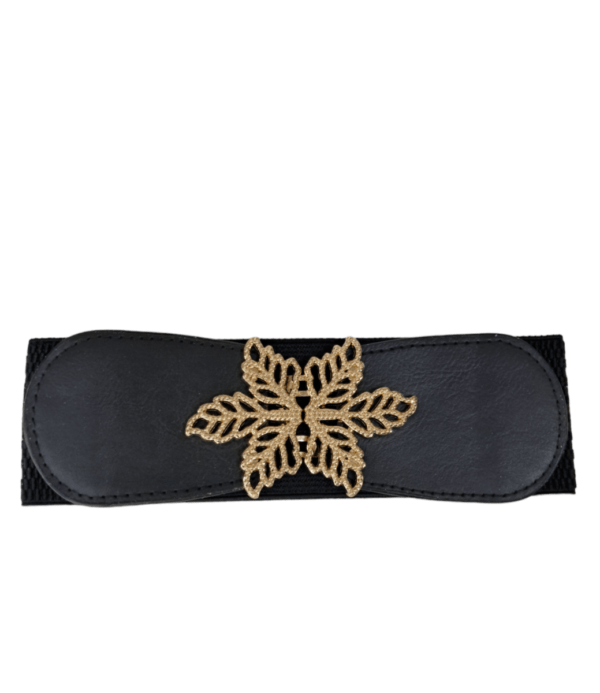 Close-up of Minimart’s Ladies Black Dress Belt showcasing the sleek black leather and polished metal buckle."