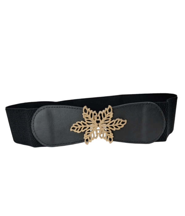 Close-up of Minimart’s Ladies Black Dress Belt showcasing the sleek black leather and polished metal buckle."